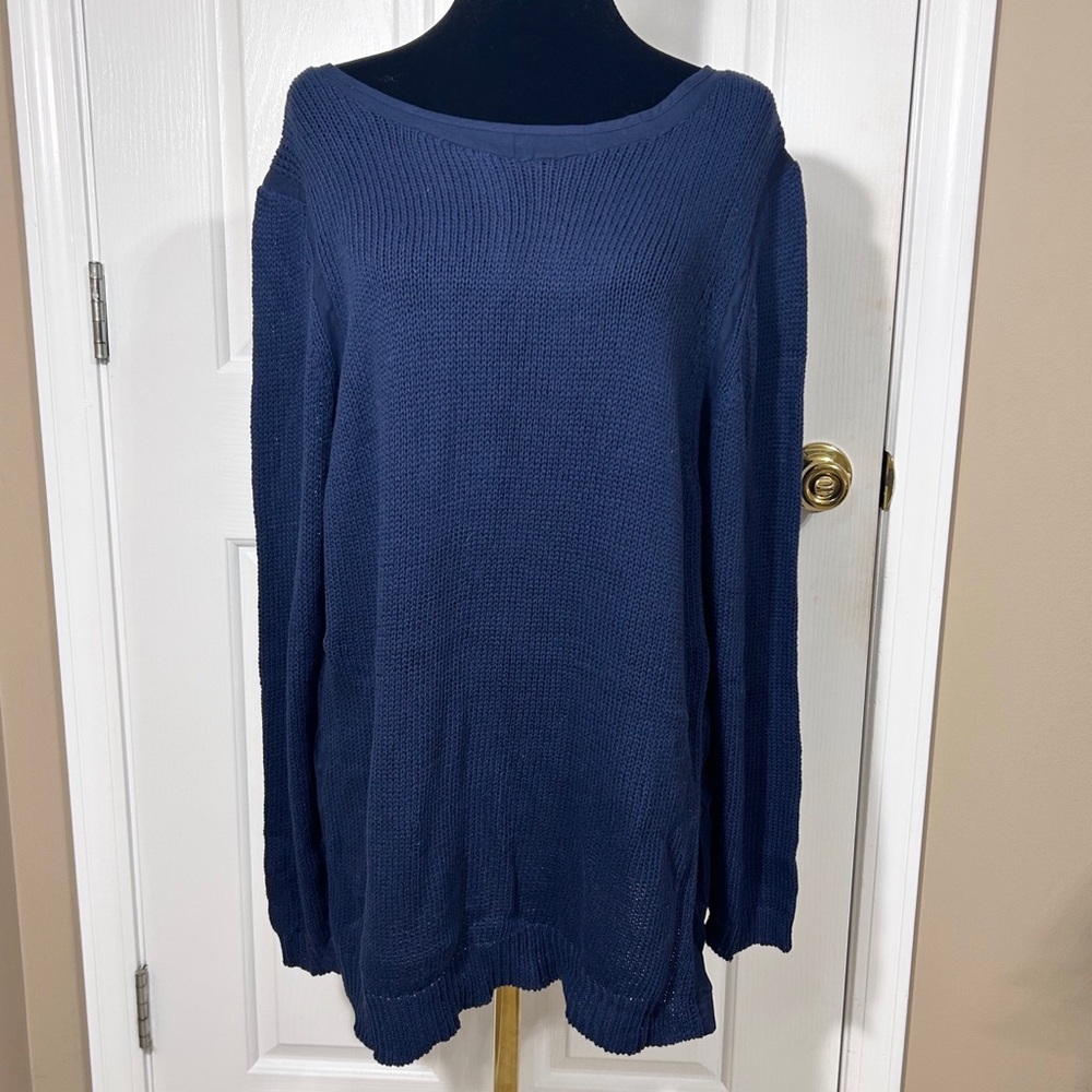 Soft Surroundings Navy Blue Knit Sweater Mixed Media Cotton 1X Plus Size Tunic